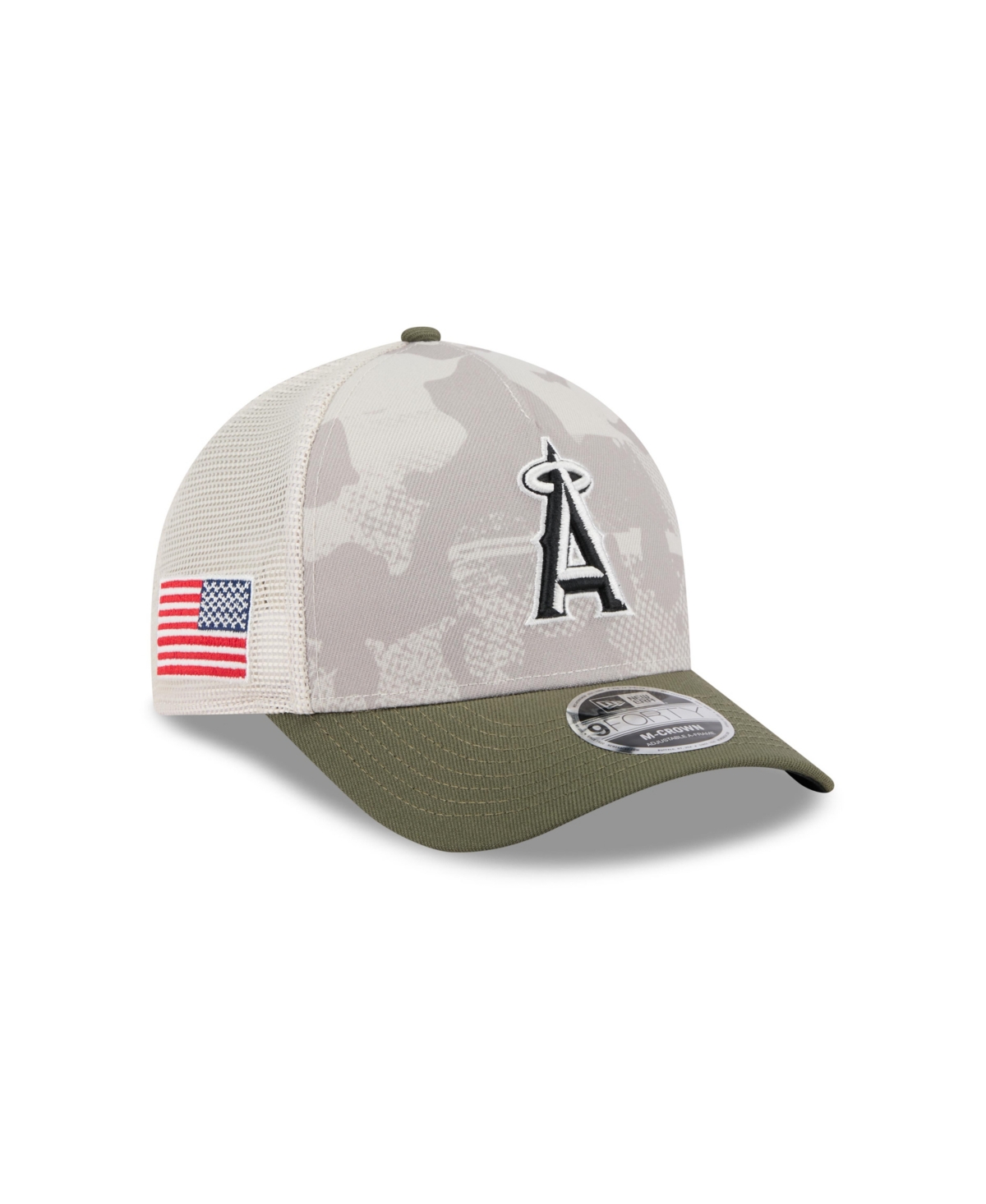 NEW ERA MEN'S LIGHT BEIGE/OLIVE LOS ANGELES ANGELS 2025 ARMED FORCES DAY 9FORTY M-CROWN A-FRAME ADJUSTABLE H 