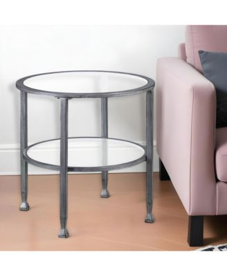 24" Silver And Clear Glass And Distressed Iron Round End Table With Shelf