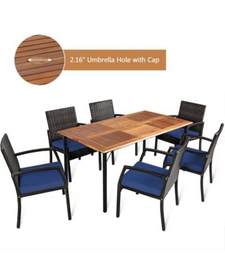7PCS Patio Dining Furniture Set Yard w/ Wooden Tabletop Navy Cushions