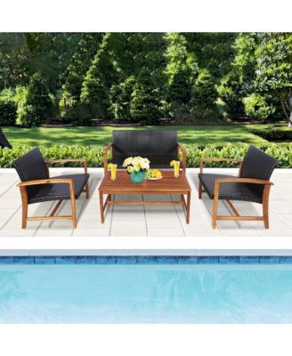 4PCS Outdoor Patio Rattan Furniture Set Acacia Wood Frame Sofa Loveseat Garden