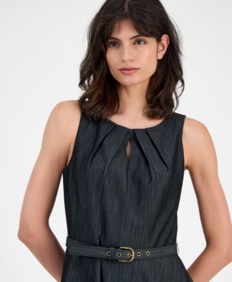 Women's Belted Soft Denim Sleeveless Fit & Flare Dress