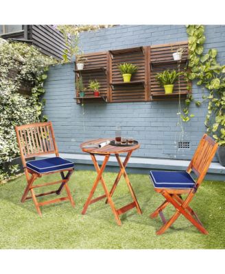 3PC Folding Patio Conversation Set Acacia Wood Bistro Set w/ Cushions