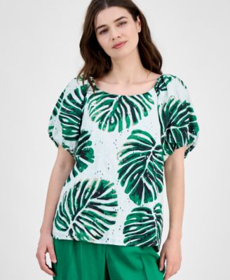 Anne Klein Womens Printed Eyelet Embroidered Cotton Blouse Pull On Wide Leg Ankle Pants In Multi