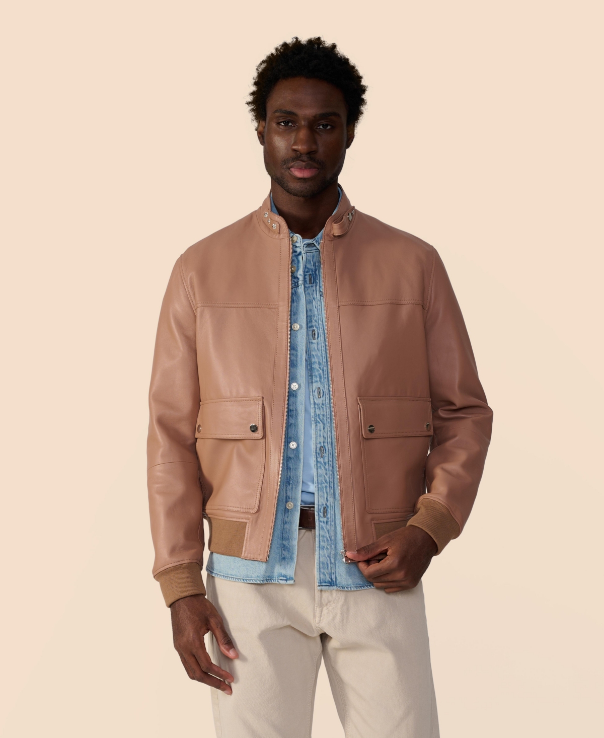 Men's Men s Leather Bomber Jacket, Created for Macy s - Mocha mousse