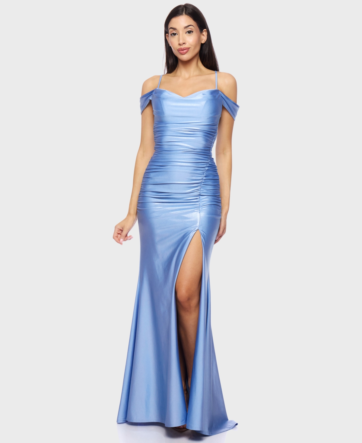 Juniors' Off-The-Shoulder Slit-Front Ruched Gown - Light Blue/silver