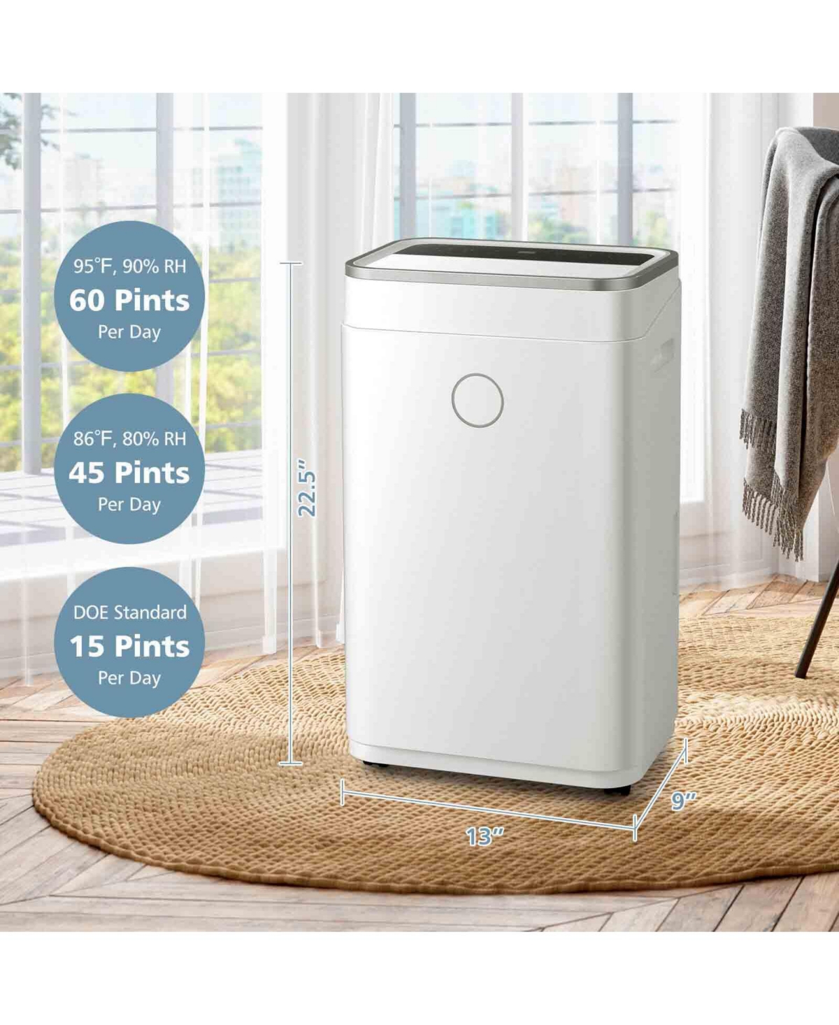 60-Pint Dehumidifier with 3-Color Digital Display for Home 4000 Sq. Ft