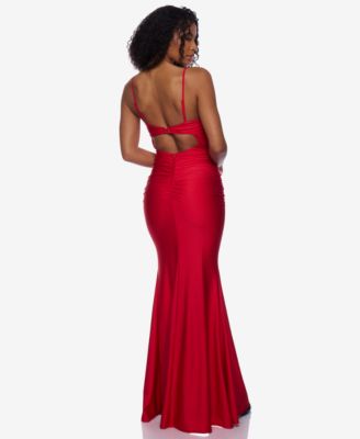 Juniors' Notch-Neck Ruched Slit-Front Gown