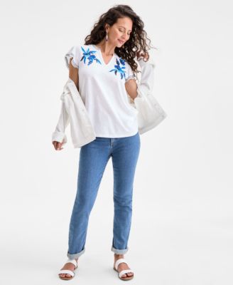 売れ筋商品|||スタイルアンドコー カットソー トップス レディース Petite Embroidered Flutter-Sleeve Top, Exclusively at Macy's Flutter Black Style & Co Petite Embroidered Flutter-Sleeve V-Neck Peasant