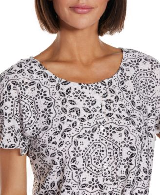 Women's Printed Eyelet Tie Front Knit Top
