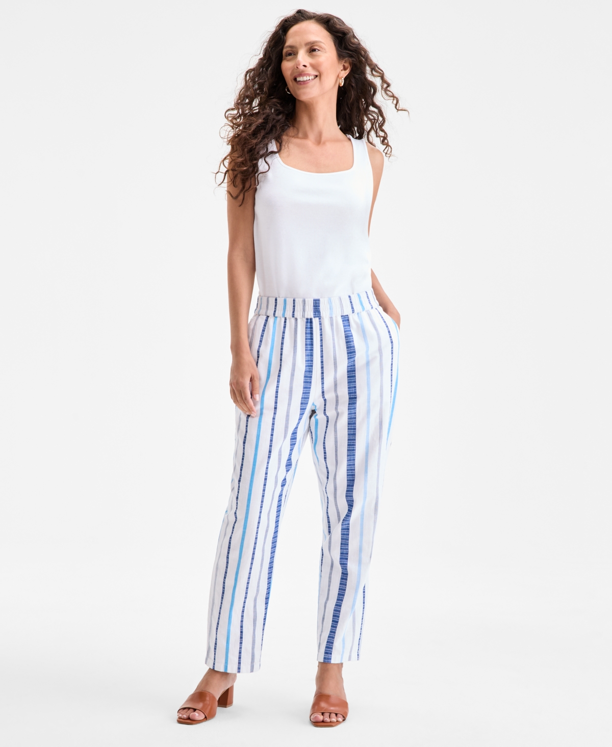 Women's Cotton Striped Pull-On Tapered Pants, Exclusively at Macy's - Blue Stripe