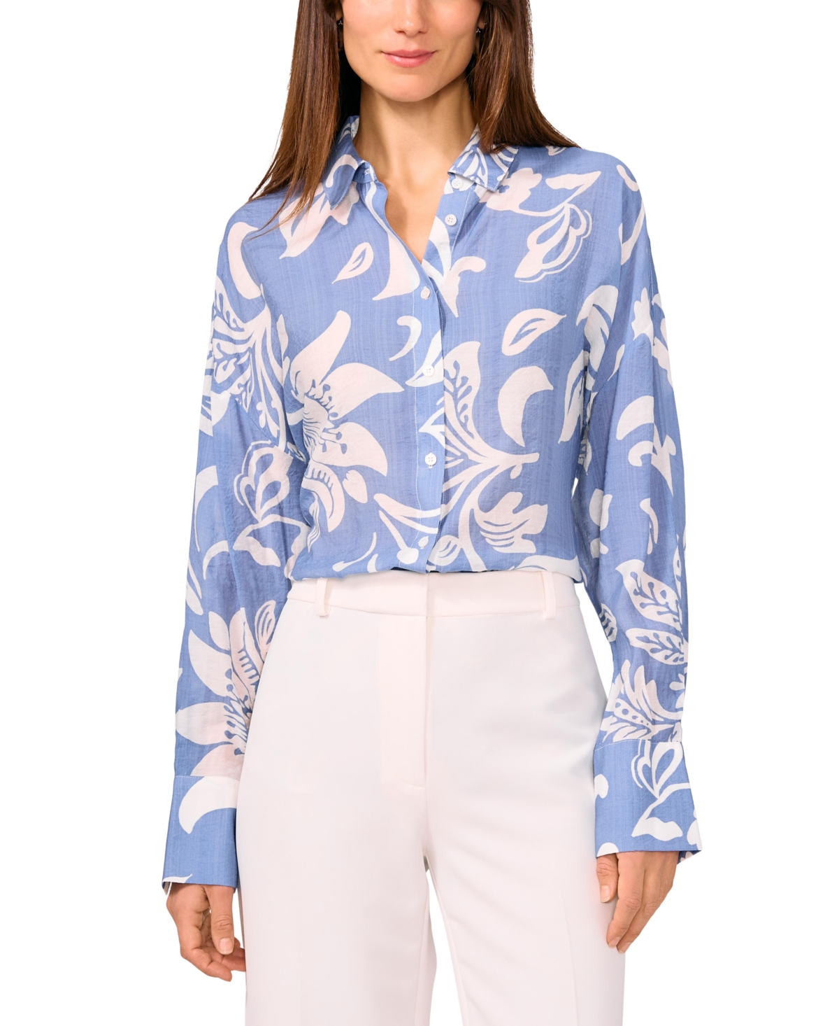 Vince Camuto Women's Floral-print Long-sleeve Button Blouse