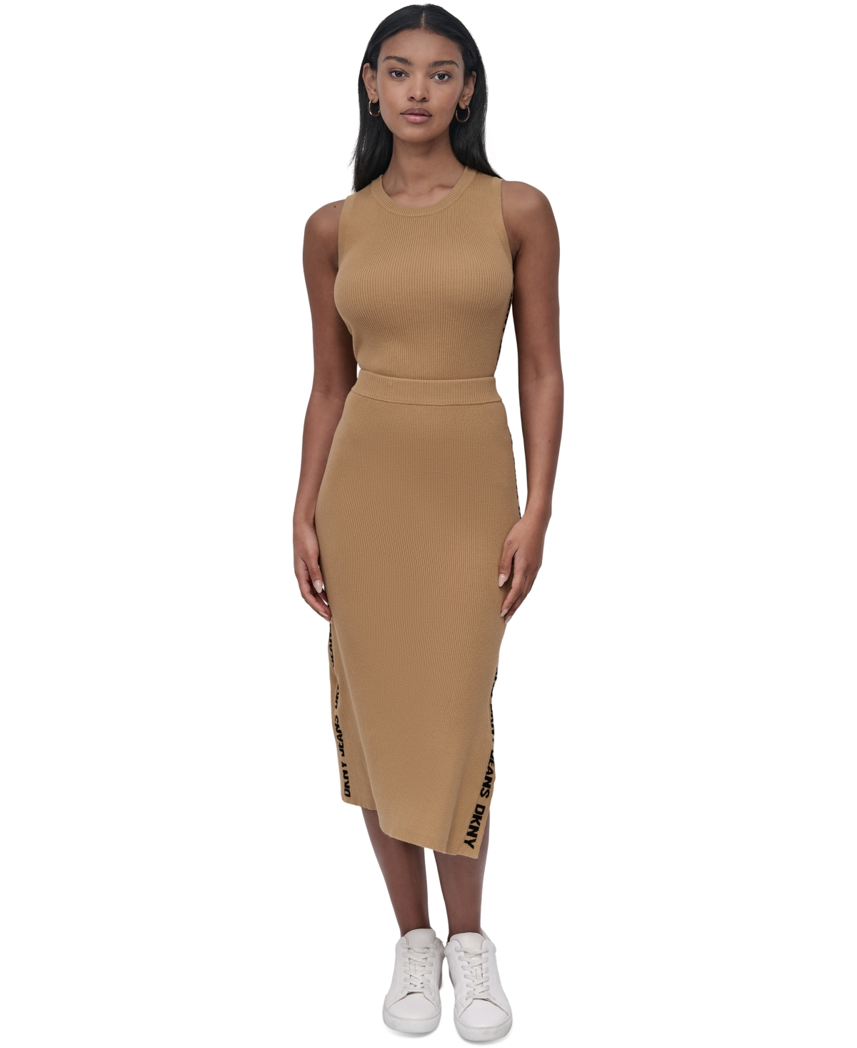 Women's Side Logo Ribbed Midi Skirt - W9B - WHSKEY/BLK