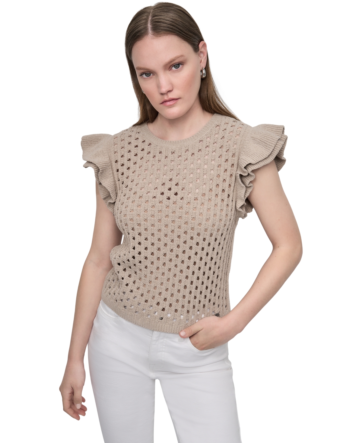 Dkny Jeans Women's Baby Chenille Pointelle Rib Flutter-sleeve Sweater In Neutral