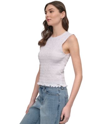 Women's Crewneck Smocked Sleeveless Top
