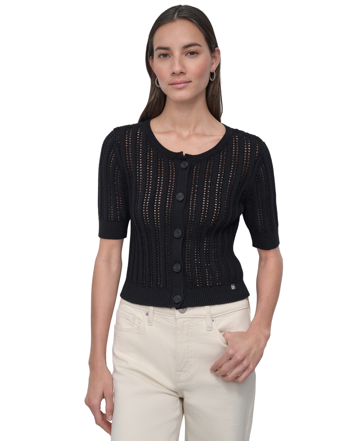 Women's Crewneck Short-Sleeve Cardigan Cable Pointelle Cardigan Sweater - BLK - BLACK