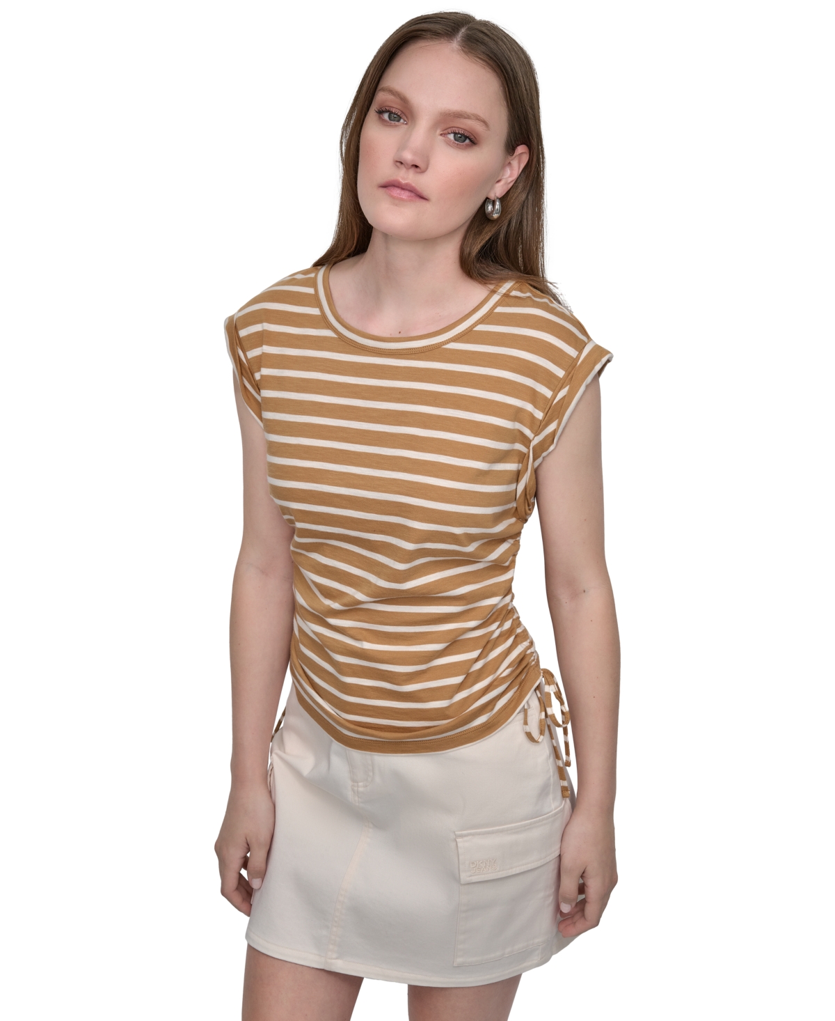 Dkny Jeans Petite Cotton Ruched Side-tie Sleeveless Tee In Brown