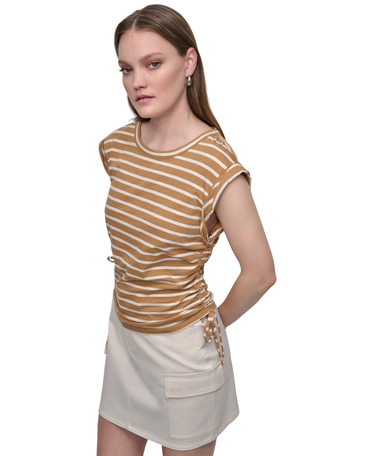 Dkny Jeans Petite Cotton Ruched Side-tie Sleeveless Tee In Brown