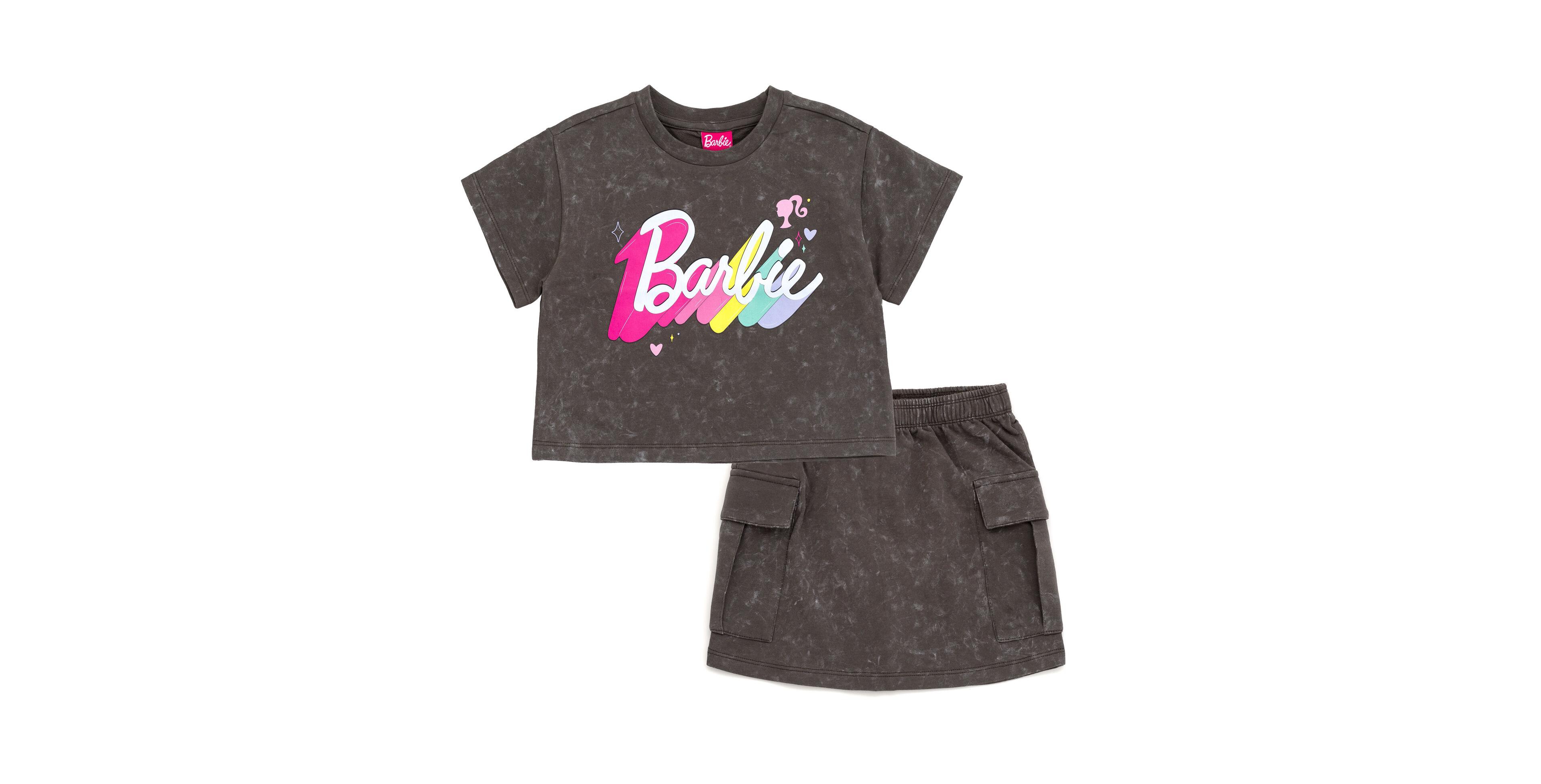 Barbie Girls French Terry Cropped Drop Shoulder T-Shirt and Skirt Outfit Set