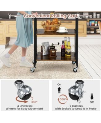 Folding Kitchen Utility Serving Island Cart with Storage Shelves