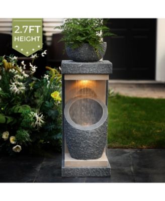 Gray Resin Column and Bowl Sculpture Outdoor Fountain with Lights