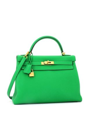 Бывшая в употреблении сумка Hermes Kelly 32 зеленого цвета из Того с золотой фурнитурой