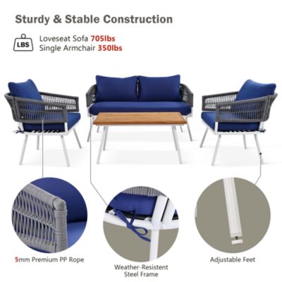 Outdoor  4-Piece Boho Rope Patio Furniture Set with Acacia Wood Table, Patio Conversation Set with Deep Seating & Thick Cushion