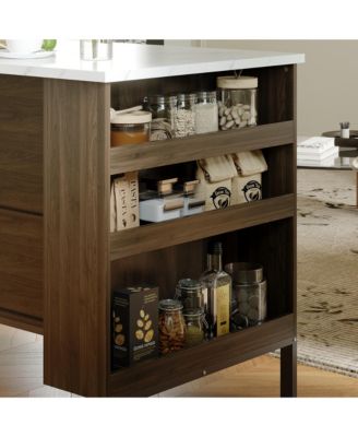 Kitchen island with 2 drawers, iron feet, island storage table with dining table, coffee station and microwave rack for home, dining room, marble and wood grain, wooden