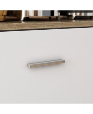 kitchen island with 2 doors, 1 drawer, dining table, coffee station & microwave rack—white wooden design for home or dining room.