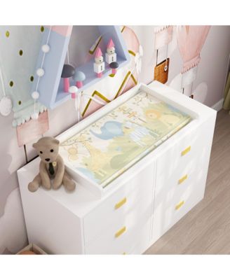 Changing table with six drawers, baby changing station with changing table top and drawers, white wood