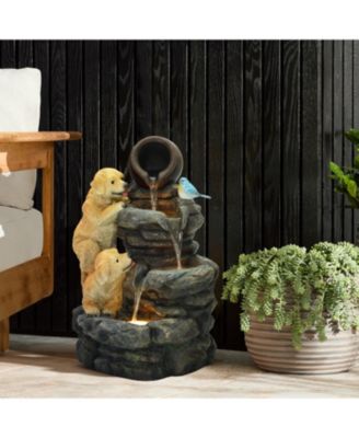 Puppy Rock Tower Farmhouse Resin Outdoor Fountain with Lights