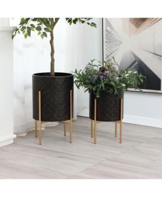 Set of 2 Black Floral Stamped Metal Cachepot Planters