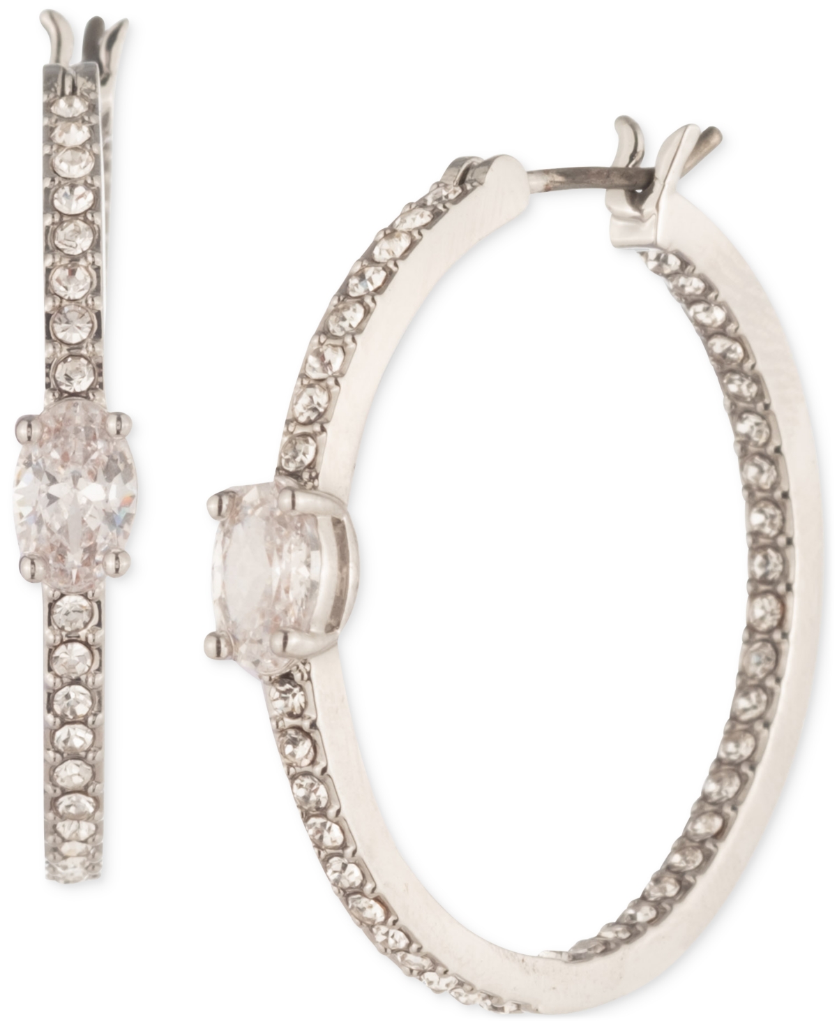 Silver-Tone Small Pave & Oval Crystal Hoop Earrings, 0.92" - White