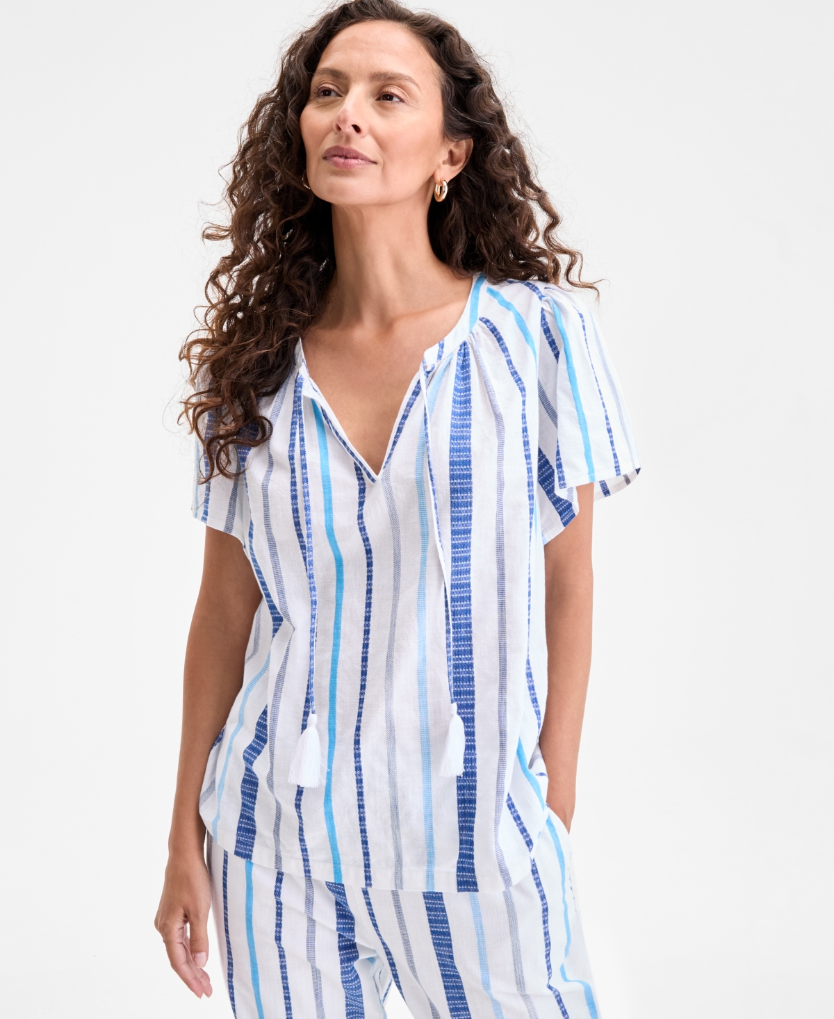 Women's Cotton Stripe Split-Neck Flutter-Sleeve Top, Exclusively at Macy's - Blue Stripe