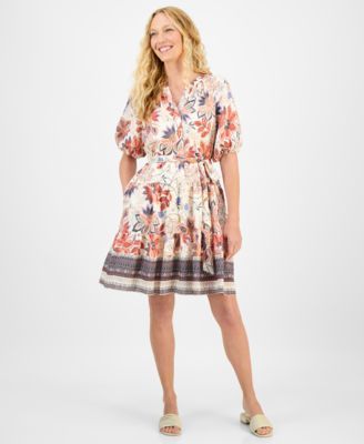 julia jordan - Women's Printed Puff-Sleeve Tie-Waist Dress