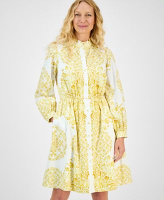Women's Printed Long-Sleeve Cotton Shirtdress 