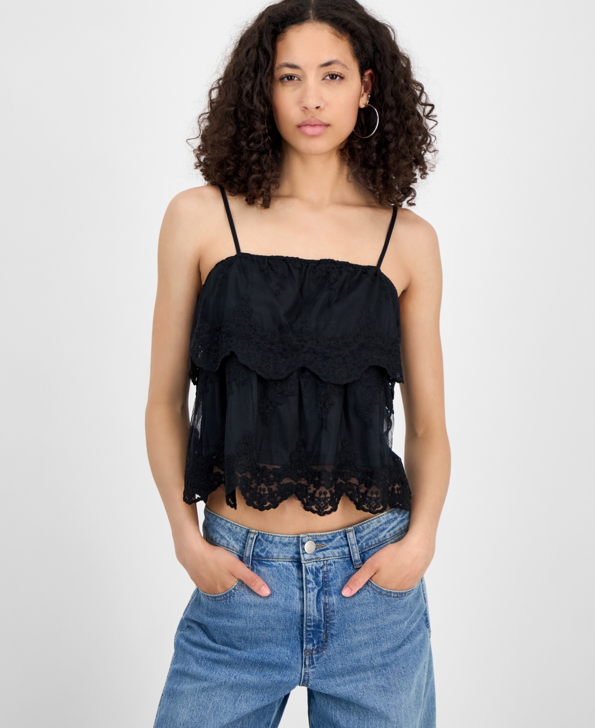 Women's Lace Cotton Tiered Camisole, Exclusively at Macy's - Black