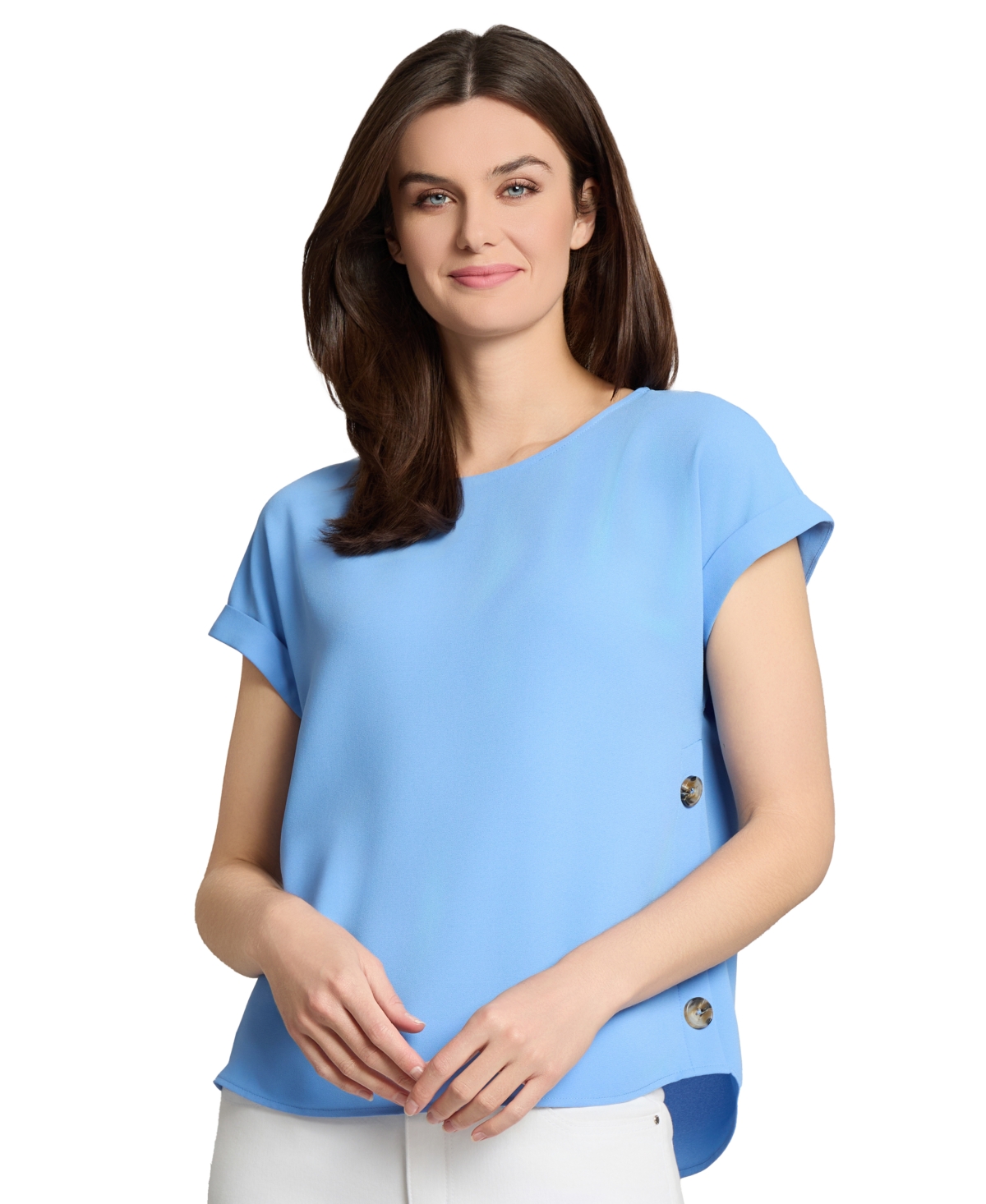 Jones New York Petite Round-neck Side-button Short-sleeve Top In Blue