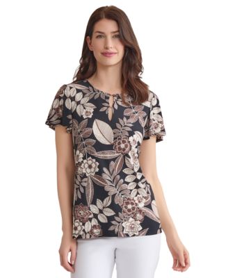 Womens Printed Embellished Neck Flutter Sleeve Top Xs Pxl