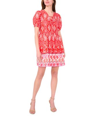 MSK - Women's Printed Tie-Neck Short-Sleeve Dress