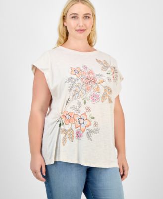 Democracy - Trendy Plus Origami Embroidered Cap-Sleeve Top