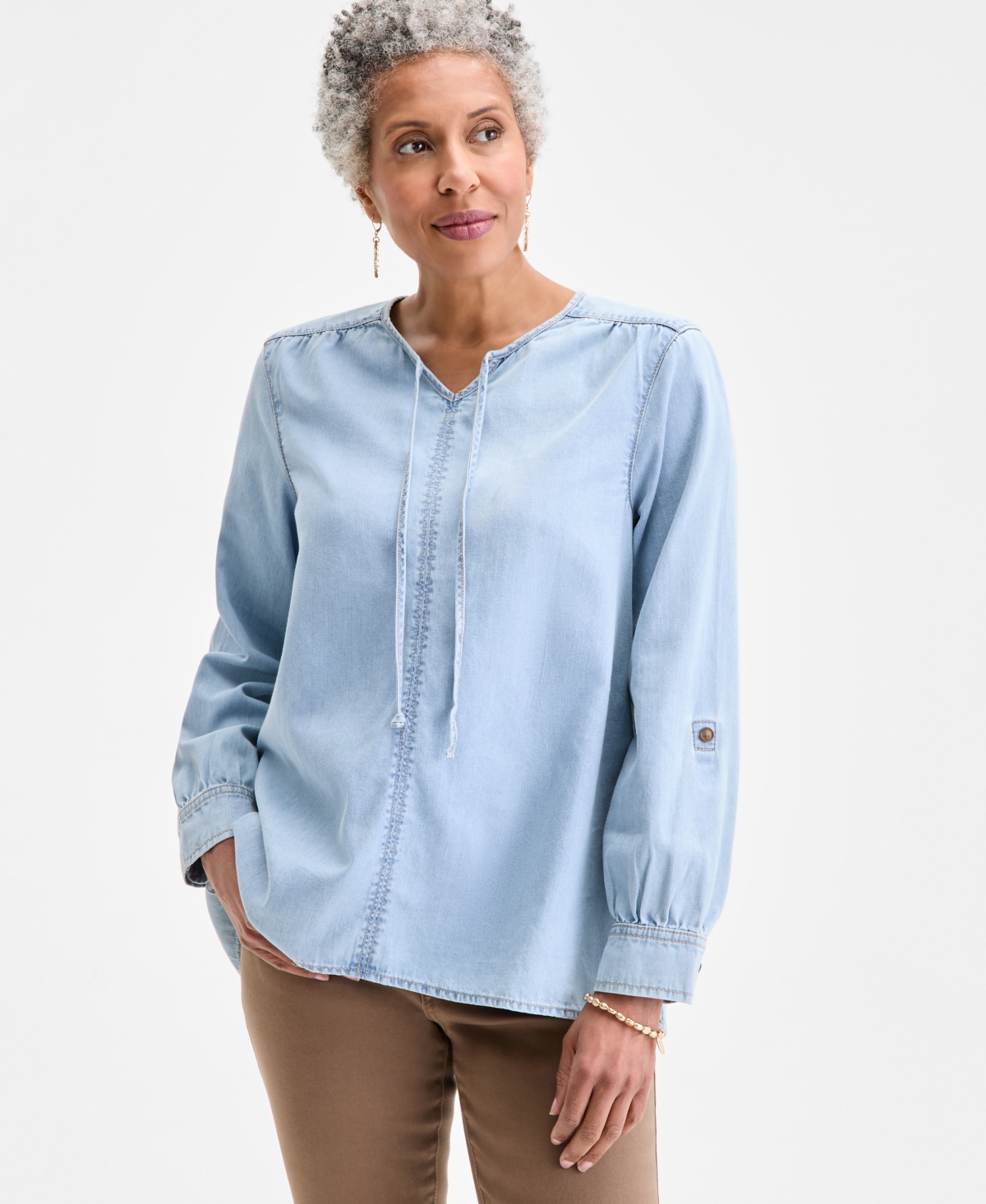 Petite Cotton Split-Neck Long-Sleeve Shirt, Exclusively at Macy's - Light Wash