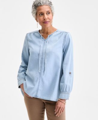Style & Co Women's Cotton Denim Split-Neck Popover Top