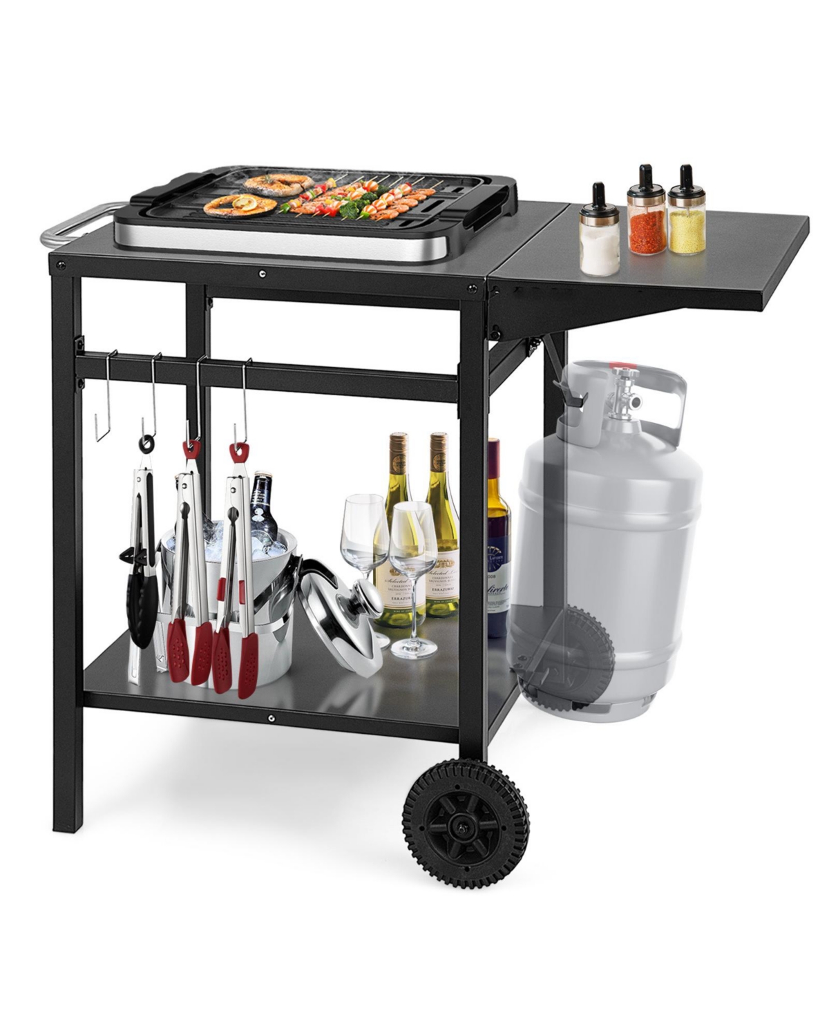 Movable Outdoor Grill Cart with Folding Tabletop and Hooks - Black