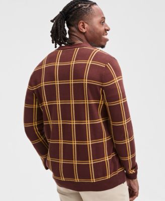 Men's Cotton Windowpane-Plaid Cardigan Sweater, Exclusively at Macy's