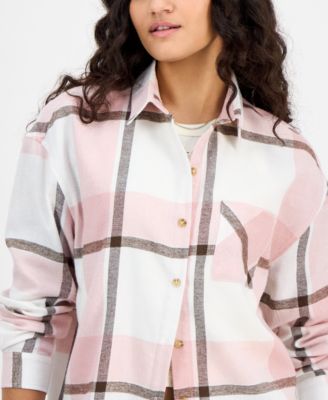 Juniors' Girlfriend Frayed-Hem Plaid Shirt