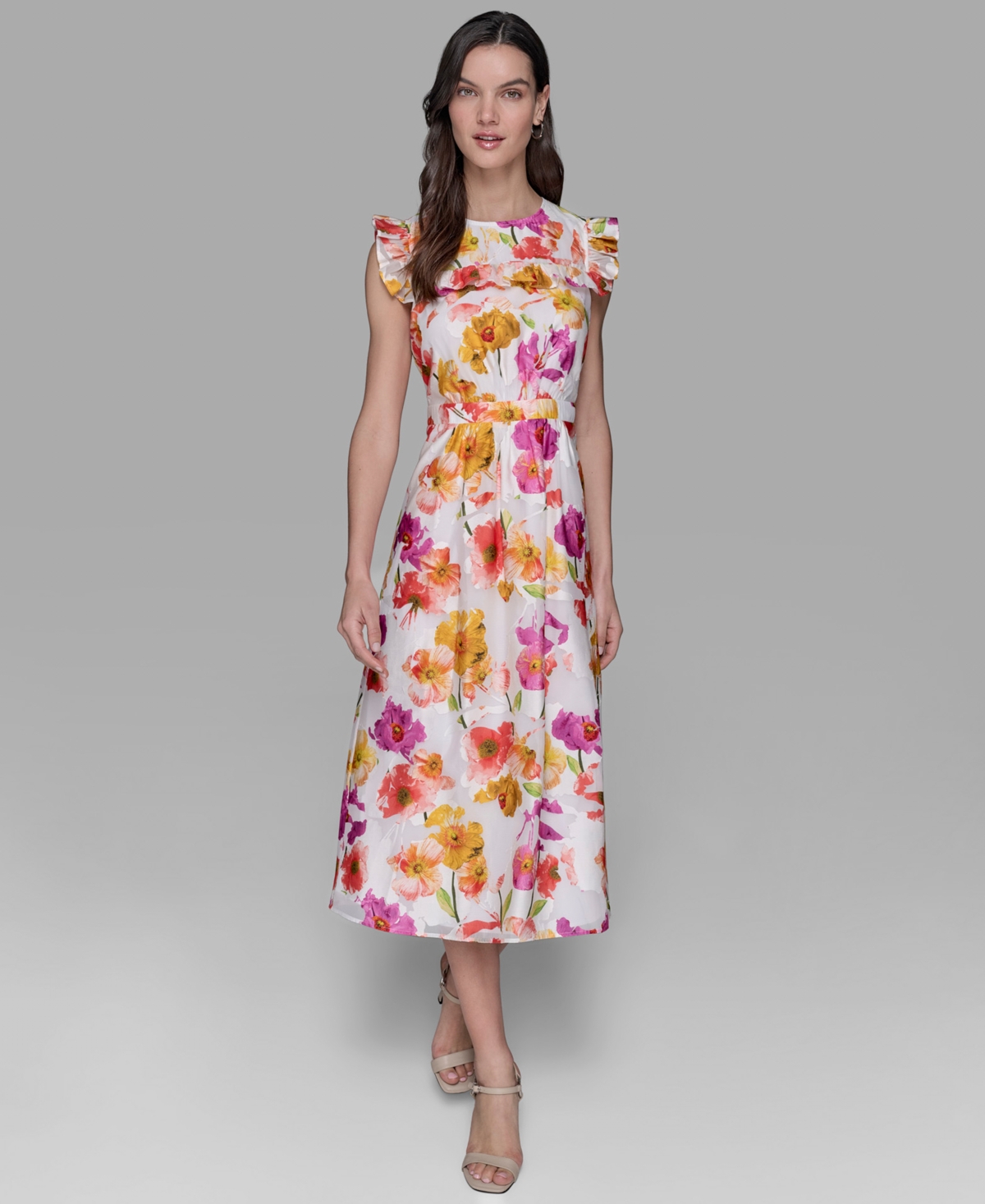 Karl Lagerfeld Petite Floral-print Flutter-sleeve Midi Dress In Burgundy