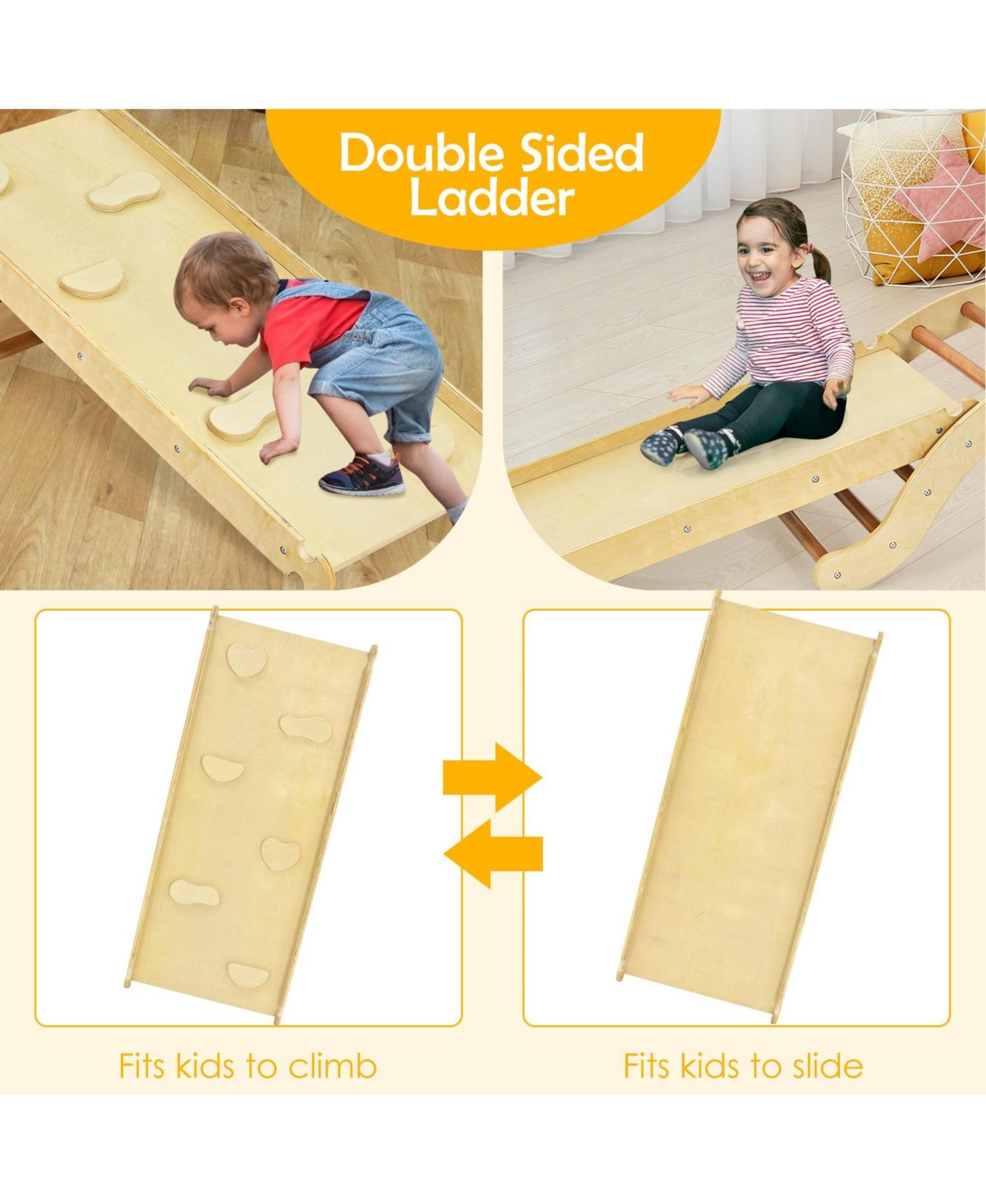 Ages 1+ 3-in-1 Reversible Wooden Ladder Arch, Ramp and Rocker Board, 3-Piece Set