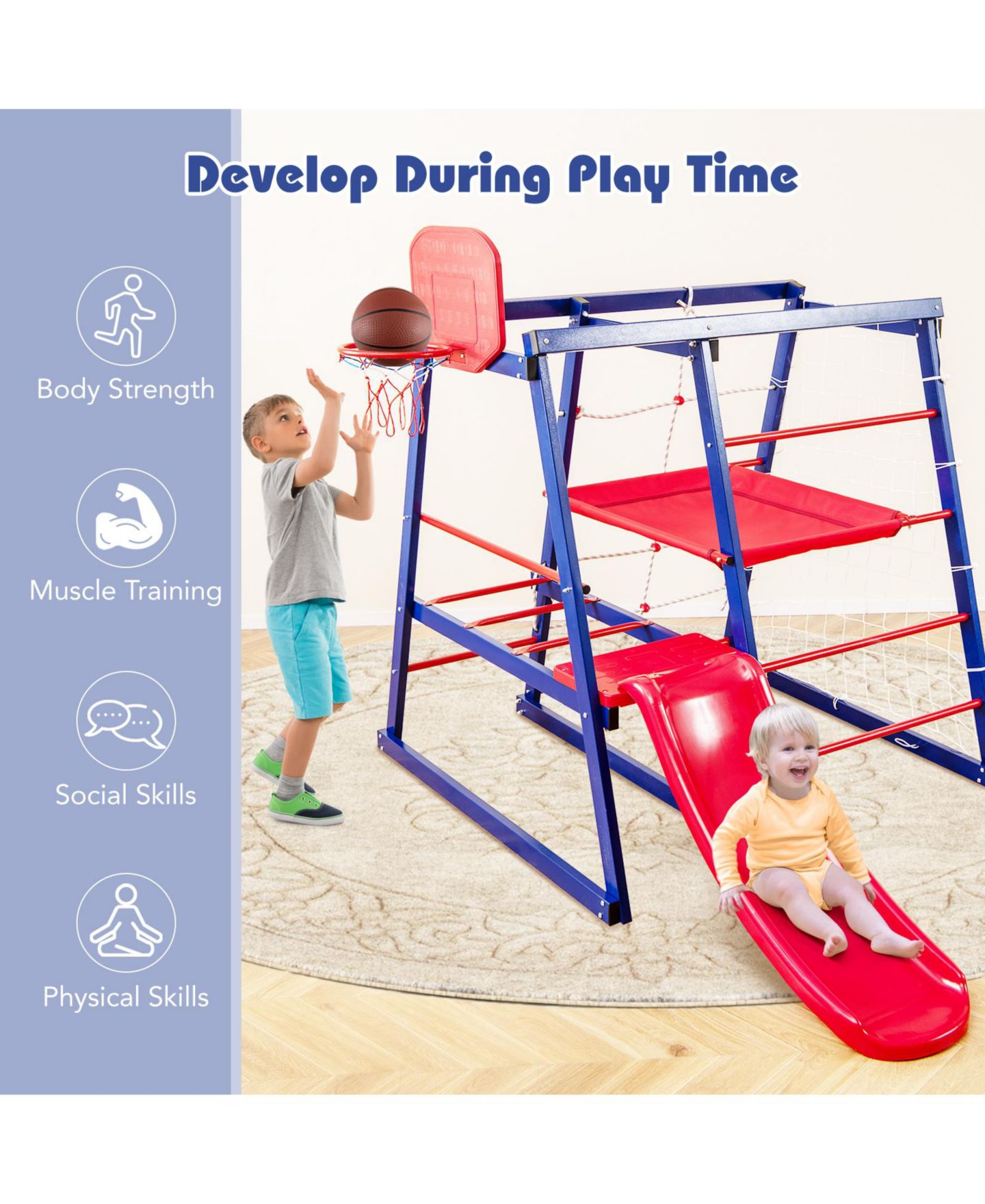 Детская игрушка Mecale 7-In-1 Metal Climbing Playground with Slide, Climbing Net & Basketball Hoop, Ages 3-7, цвет: Синий — фото 7