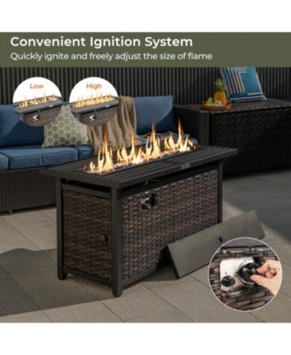 Propane Rattan Firepit Table with Glass Stones and Protective Cover