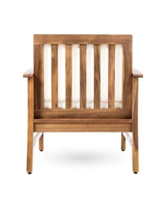 Acacia Wood Outdoor Lounge Chair with Cream White Cushion, Slat Panel Design Frame and Water-Resistant Cushion